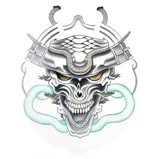 samurai skull, Namakubi with snake, oni mask, cherry blossoms  tattoo design idea