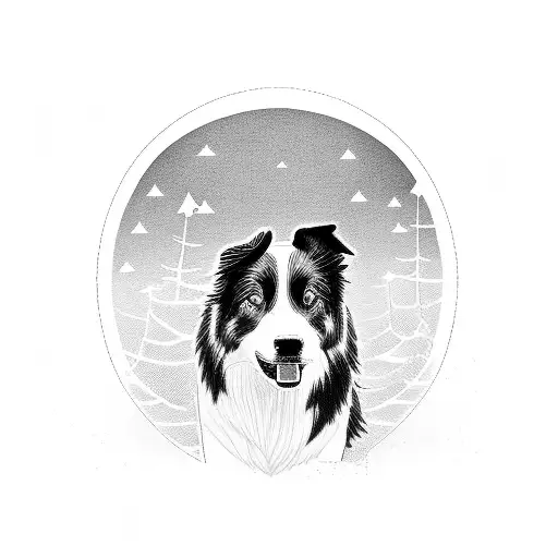 border collie with pine trees tattoo design idea
