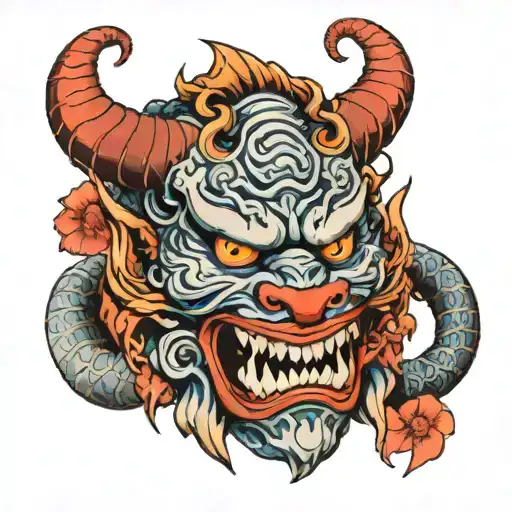 oni mask with dragon wrapped tattoo design idea