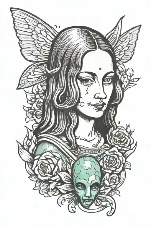 monalisa with alien face tattoo design idea