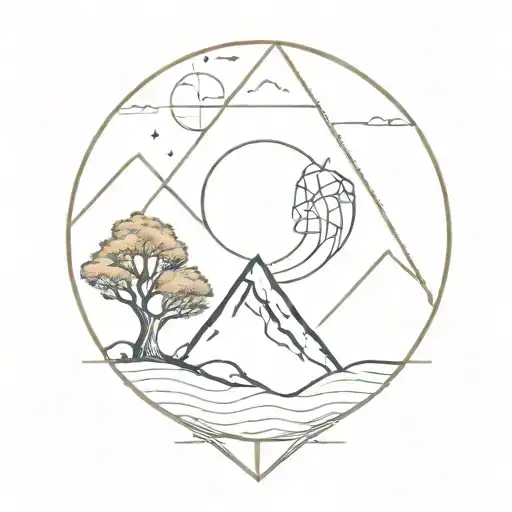 mountain, tree, man, universe, lunar phases, roots, the 4 elements, dna chain, atoms, dilac equation, golden ratio tattoo design idea