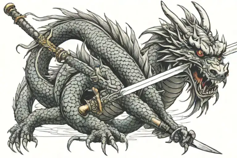 japanes dragon with katana blade wrapped length wise tattoo design idea