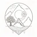mountain, tree, man, universe, lunar phases, roots, the 4 elements, dna chain, atoms, dilac equation, golden ratio tattoo design idea