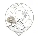 mountain, tree, man, universe, lunar phases, roots, the 4 elements, dna chain, atoms, dilac equation, golden ratio tattoo design idea