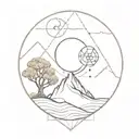 mountain, tree, man, universe, lunar phases, roots, the 4 elements, dna chain, atoms, dilac equation, golden ratio tattoo design idea