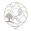mountain, tree, man, universe, lunar phases, roots, the 4 elements, dna chain, atoms, dilac equation, golden ratio tattoo design idea