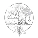 mountain, tree, man, universe, lunar phases, roots, the 4 elements, dna chain, atoms, dilac equation, golden ratio tattoo design idea