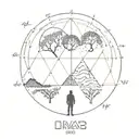 mountain, tree, man, universe, lunar phases, roots, the 4 elements, dna chain, atoms, dilac equation, golden ratio tattoo design idea