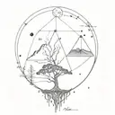 mountain, tree, man, universe, lunar phases, roots, the 4 elements, dna chain, atoms, dilac equation, golden ratio tattoo design idea