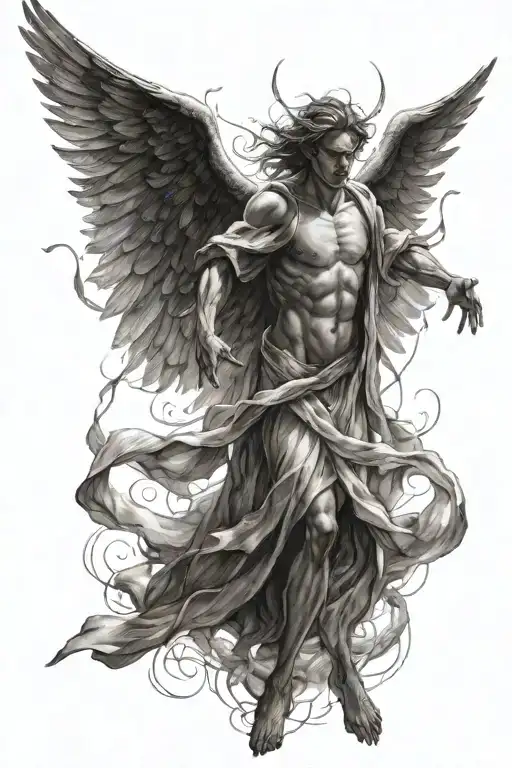 A realistic depiction of an angelic figure casting out a demon with rays of light tattoo design idea