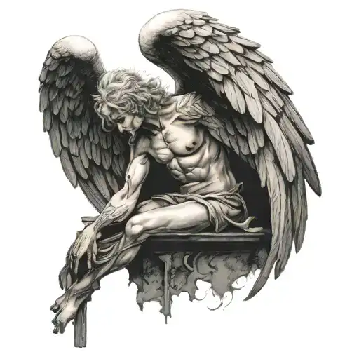 A realistic portrayal of a fallen angel standing against a dark background tattoo design idea