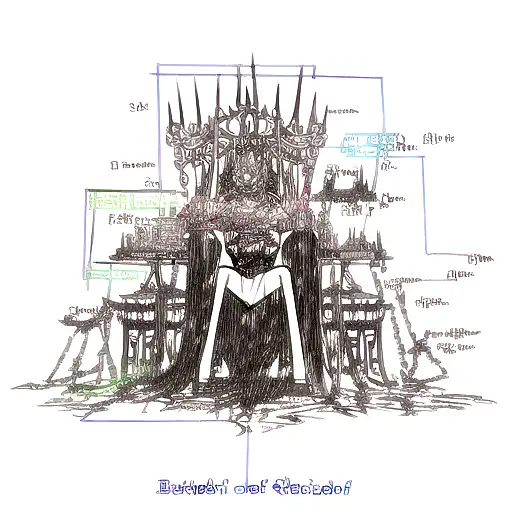 Demon of Laplace on a throne, surrounded by equations and formulas such as Emc2, a tesseract, binary code, Mobius, DNA tattoo design idea