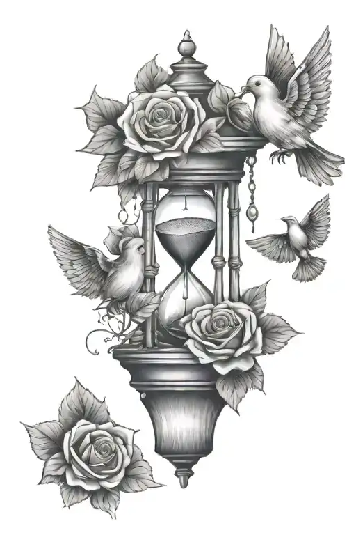 broken hourglass, rose and dove tattoo design idea