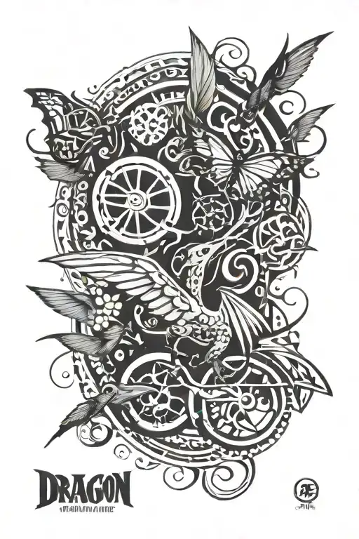 Dragon, butterfly, hummingbird, pickup, motorcycle tattoo design idea