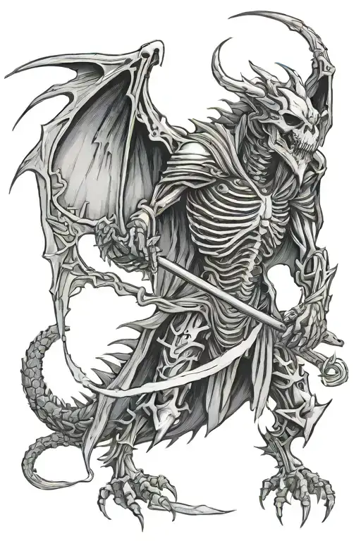 dragon skeleton with a grim reaper hood holding a scythe tattoo design idea