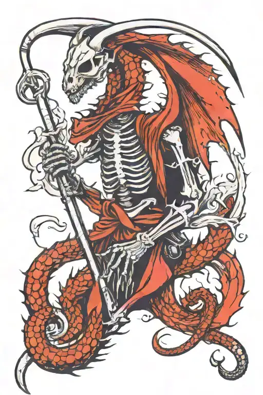 Dragon skeleton, with a grim reaper hood holding a scythe tattoo design idea