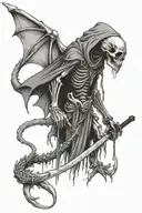 humanoid dragon skeleton with a grim reaper hood holding a scythe tattoo design idea