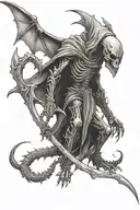 humanoid dragon skeleton with a grim reaper hood holding a scythe tattoo design idea