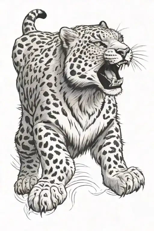 Angry Snow leopard jumps vertically up. Side view. tattoo design idea