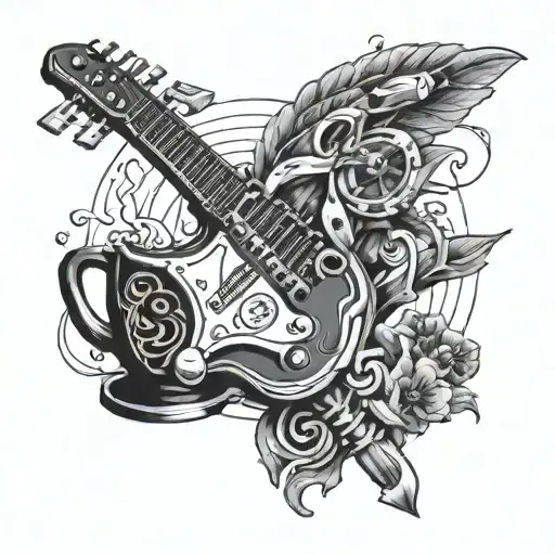 A creative tattoo design incorporating elements of human research, such as a microscope or DNA strand, with a cup of coffee and an electric guitar tattoo design idea