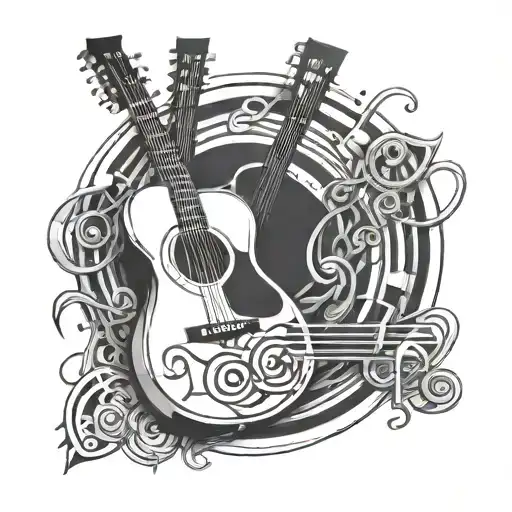 A geometric design incorporating musical notes and a guitar, representing the client's harmonious relationship with music and art tattoo design idea