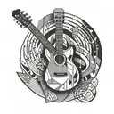 A geometric design incorporating musical notes and a guitar, representing the client's harmonious relationship with music and art tattoo design idea