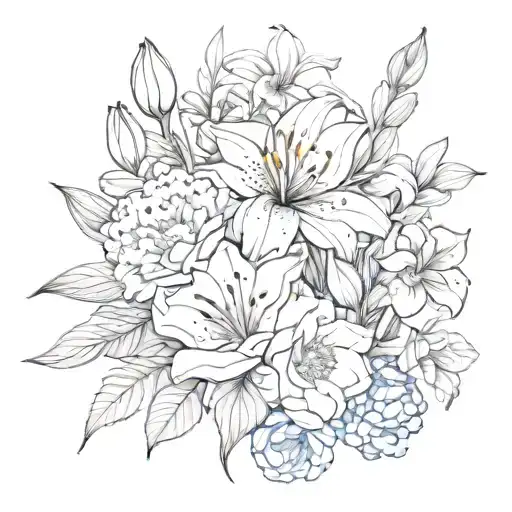 bouquet of    lily, rose, iris, hydrangea peony, gerber daisies tattoo design idea