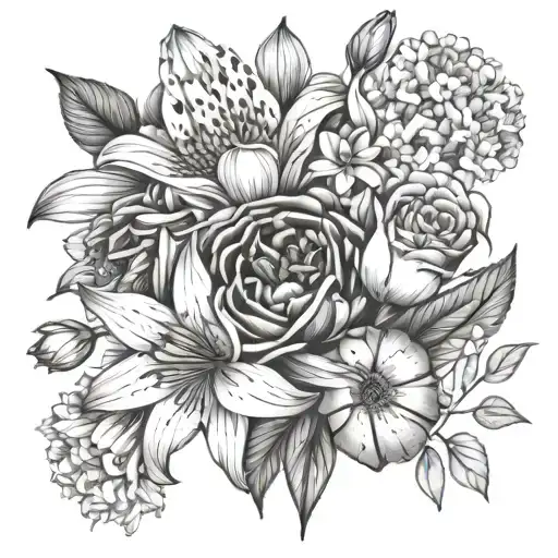 bouquet of    lily, rose, iris, hydrangea peony, gerber daisies tattoo design idea