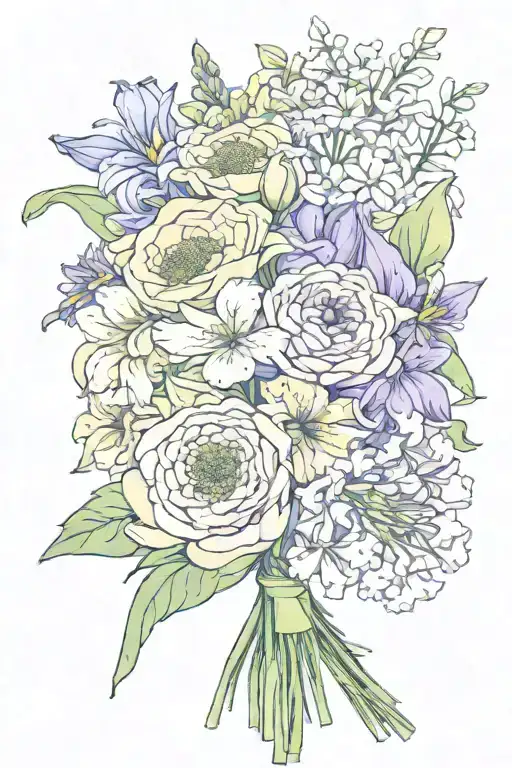 bouquet of    lily, rose, iris, hydrangea peony, gerber daisies tattoo design idea