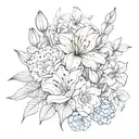 bouquet of    lily, rose, iris, hydrangea peony, gerber daisies tattoo design idea