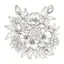 bouquet of    lily, rose, iris, hydrangea peony, gerber daisies tattoo design idea