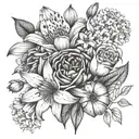 bouquet of    lily, rose, iris, hydrangea peony, gerber daisies tattoo design idea