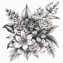 bouquet of    lily, rose, iris, hydrangea peony, gerber daisies tattoo design idea