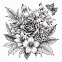 bouquet of    lily, rose, iris, hydrangea peony, gerber daisies tattoo design idea
