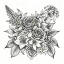 bouquet of    lily, rose, iris, hydrangea peony, gerber daisies tattoo design idea