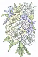 bouquet of    lily, rose, iris, hydrangea peony, gerber daisies tattoo design idea