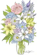 bouquet of    lily, rose, iris, hydrangea peony, gerber daisies tattoo design idea