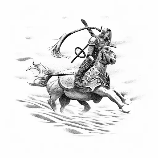A fierce Viking warrior riding a horse on the beach tattoo design idea