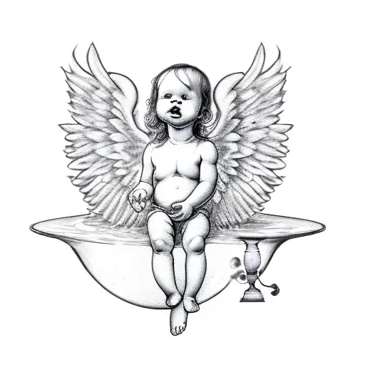 baby angel with wings sitting and holding a vase that pours out water  tattoo design idea