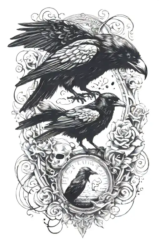 combine multiple works of Edgar Allen Poe,  a raven, a black cat, a tell tale heart, a cask of amontillado tattoo design idea