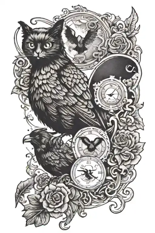 combine multiple works of Edgar Allen Poe,  a raven, a black cat, a tell tale heart, a cask of amontillado tattoo design idea