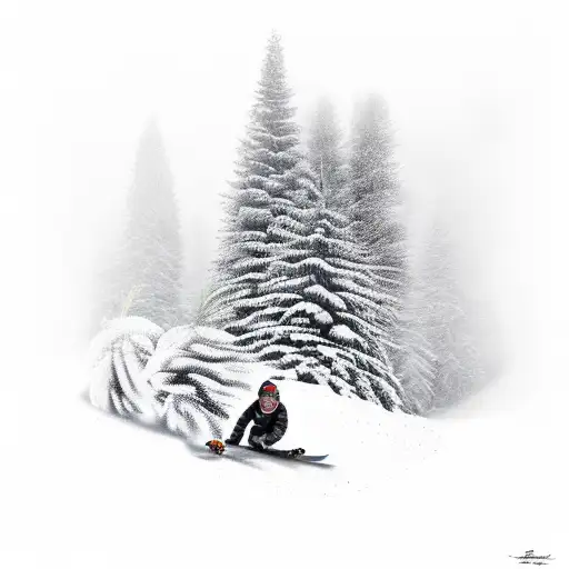 A realistic portrait of a snowboarder carving through a forest of pine trees tattoo design idea