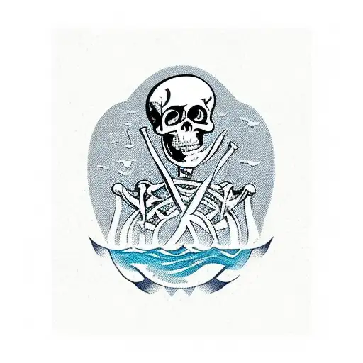 A skeletal pirate captain steering a ship through a stormy sea of whiskey bottles tattoo design idea