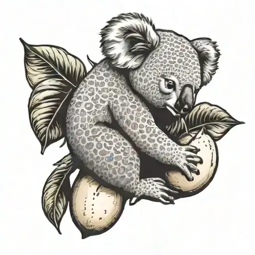 A koala hugging a mango fruit in a tattoo style, depicted in black and white colors tattoo design idea