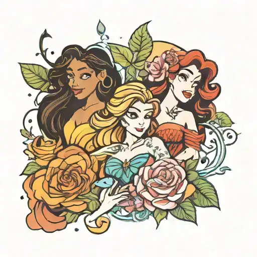 Floral, Disneys Tangled, Disneys Aladdin, Disney Little Mermaid, and Disney Moana tattoo design idea