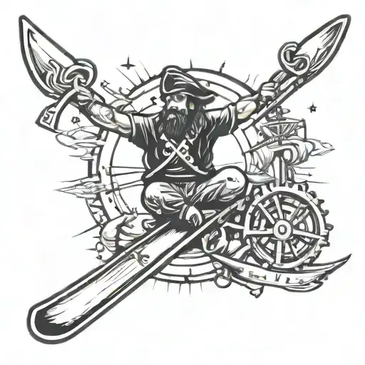 An edgy tattoo design combining elements of gymnastics, rap music, and pirate imagery, with a subtle ski nautique reference tattoo design idea