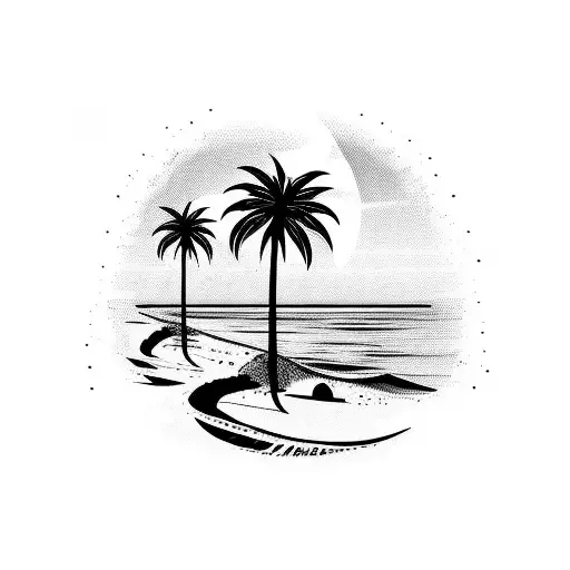 add a beach with the palm tree, while keeping the water, maybe some birds flying through the air tattoo design idea