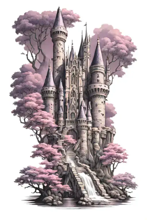 continue tattoo. you have a Disney castle in purple pink colours in inner lower arm. create continuing of tattoo tattoo design idea