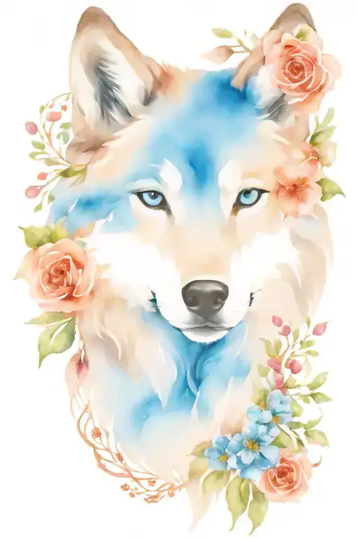 wolf head blue eyes surrounded with flowers tattoo design idea