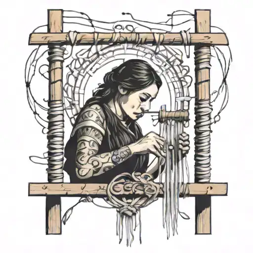 A woman weaving On a loom creating an open heart  tattoo design idea